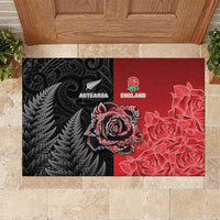 New Zealand And England Rugby Rubber Doormat Red Rose Mix Maori Pattern - Wonder Print Shop