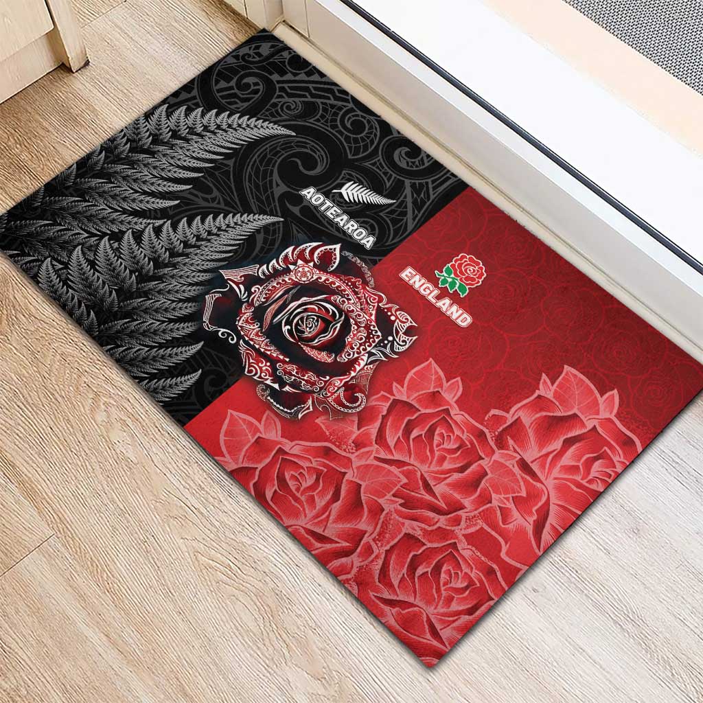 New Zealand And England Rugby Rubber Doormat Red Rose Mix Maori Pattern - Wonder Print Shop