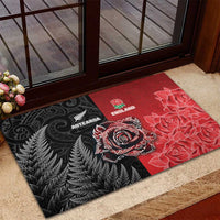 New Zealand And England Rugby Rubber Doormat Red Rose Mix Maori Pattern - Wonder Print Shop