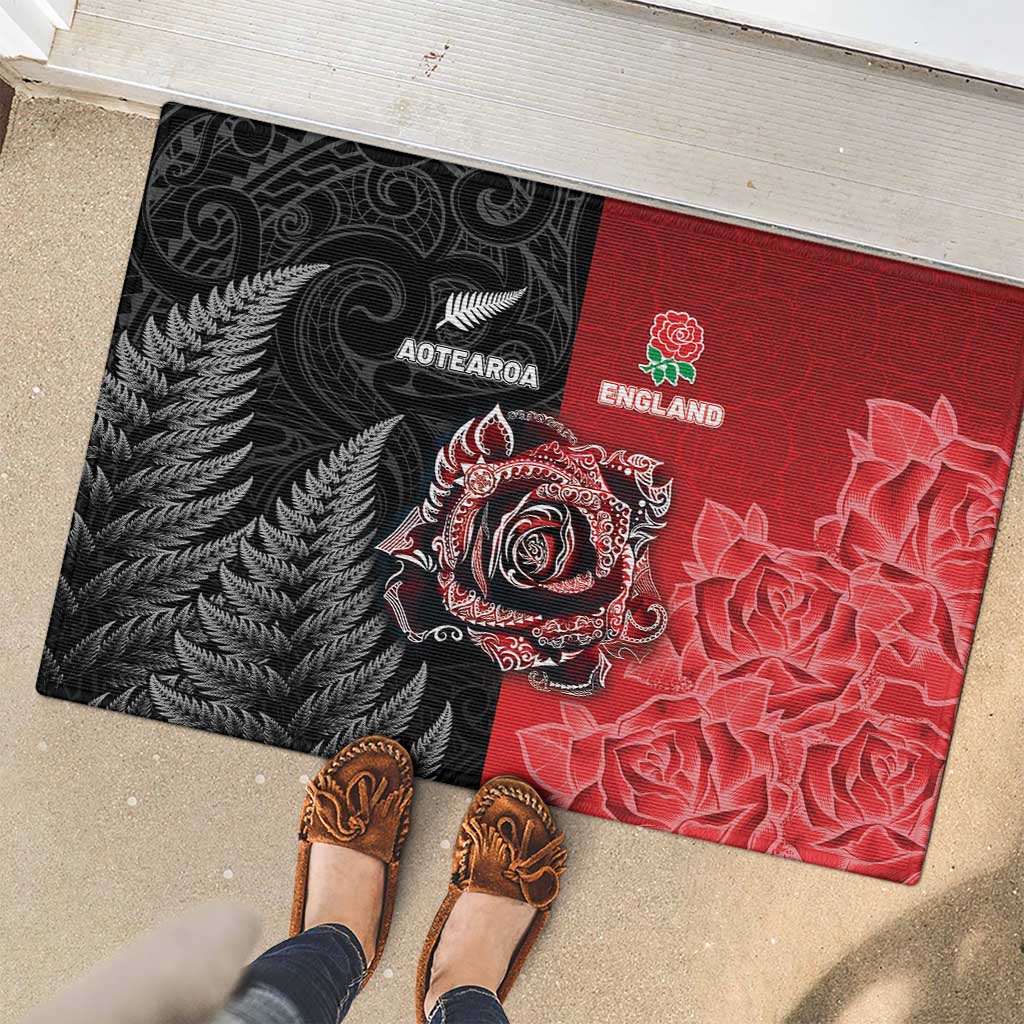 New Zealand And England Rugby Rubber Doormat Red Rose Mix Maori Pattern - Wonder Print Shop
