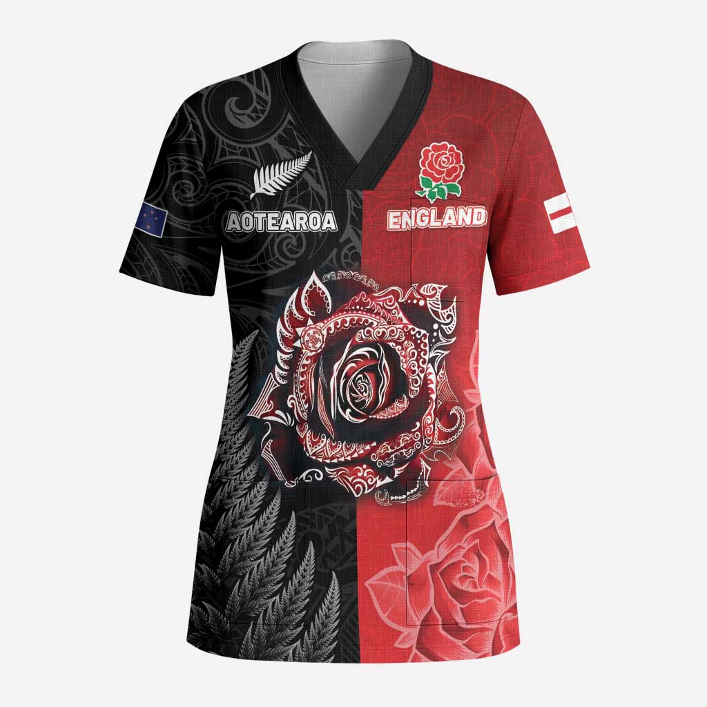New Zealand And England Rugby Custom Scrub Top Red Rose Mix Maori Pattern - Wonder Print Shop