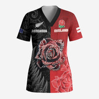 New Zealand And England Rugby Custom Scrub Top Red Rose Mix Maori Pattern - Wonder Print Shop