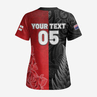 New Zealand And England Rugby Custom Scrub Top Red Rose Mix Maori Pattern - Wonder Print Shop