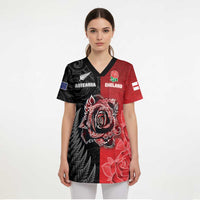 New Zealand And England Rugby Custom Scrub Top Red Rose Mix Maori Pattern - Wonder Print Shop