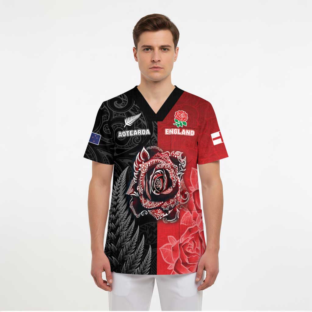 New Zealand And England Rugby Custom Scrub Top Red Rose Mix Maori Pattern - Wonder Print Shop