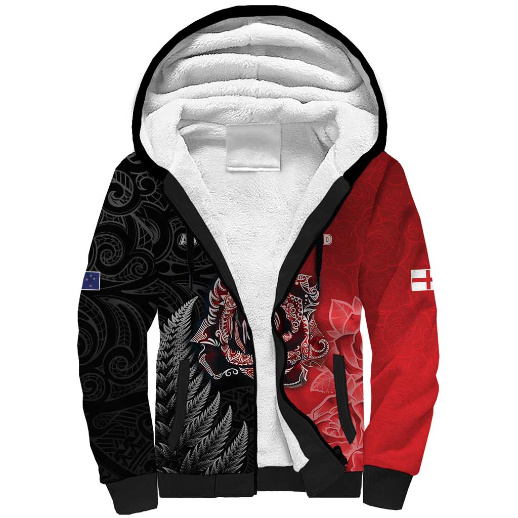 New Zealand And England Rugby Custom Sherpa Hoodie Red Rose Mix Maori Pattern - Wonder Print Shop