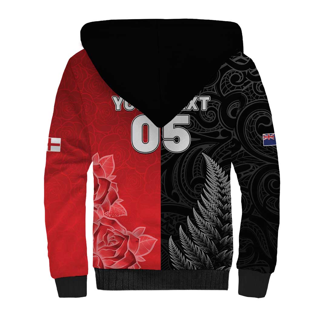 New Zealand And England Rugby Custom Sherpa Hoodie Red Rose Mix Maori Pattern - Wonder Print Shop