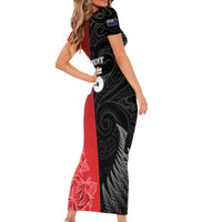 New Zealand And England Rugby Custom Short Sleeve Bodycon Dress Red Rose Mix Maori Pattern - Wonder Print Shop