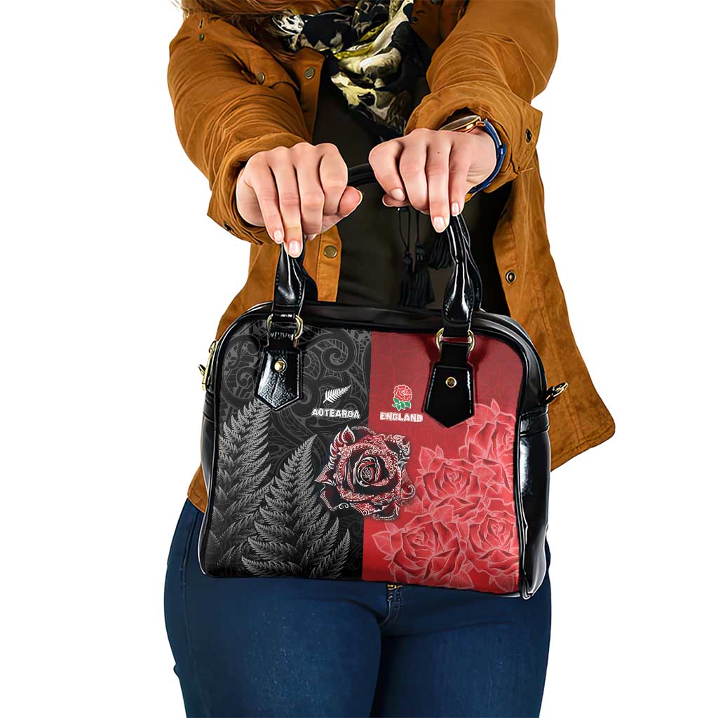 New Zealand And England Rugby Shoulder Handbag Red Rose Mix Maori Pattern - Wonder Print Shop