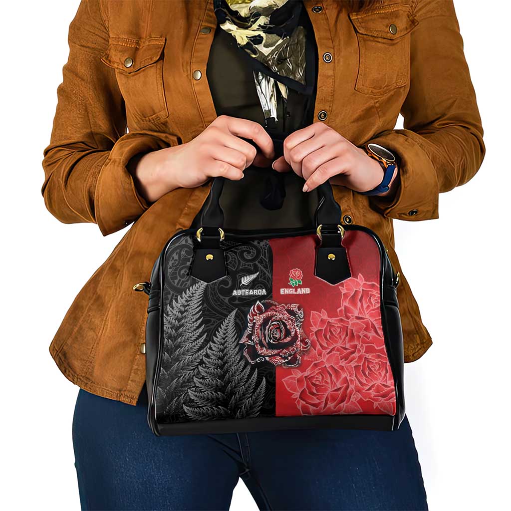 New Zealand And England Rugby Shoulder Handbag Red Rose Mix Maori Pattern - Wonder Print Shop