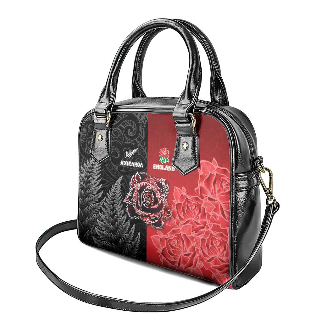 New Zealand And England Rugby Shoulder Handbag Red Rose Mix Maori Pattern - Wonder Print Shop