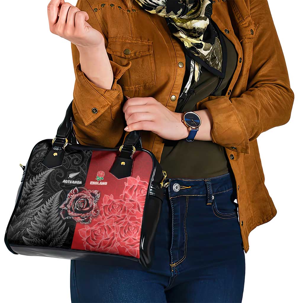 New Zealand And England Rugby Shoulder Handbag Red Rose Mix Maori Pattern - Wonder Print Shop
