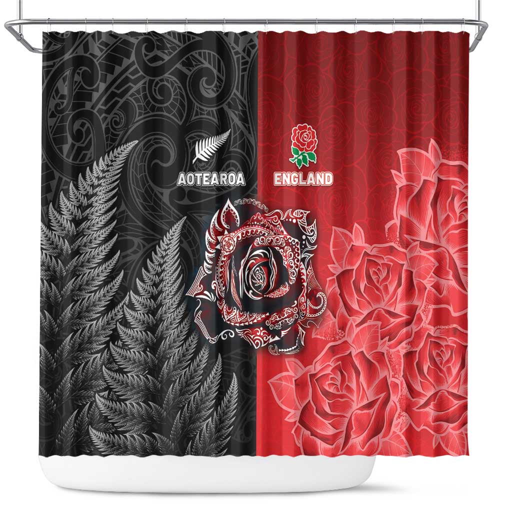 New Zealand And England Rugby Shower Curtain Red Rose Mix Maori Pattern - Wonder Print Shop