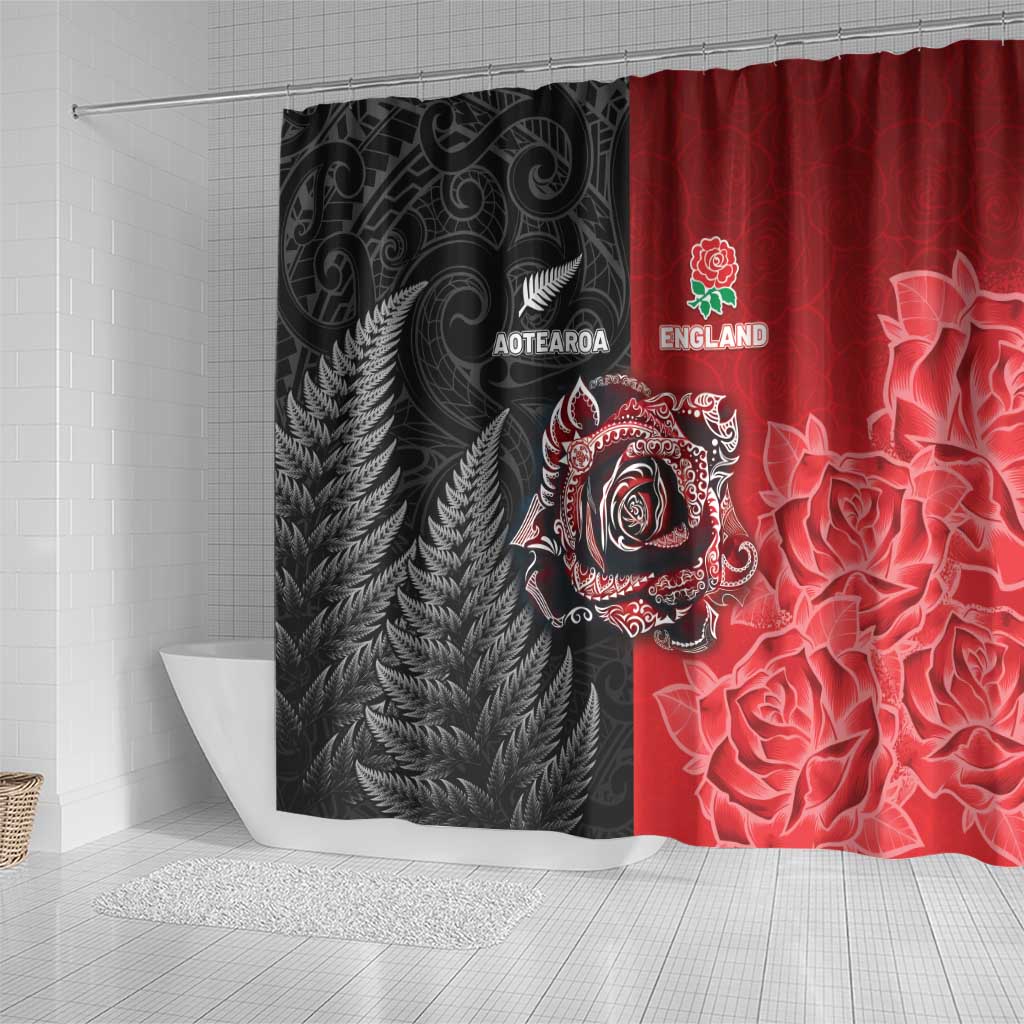New Zealand And England Rugby Shower Curtain Red Rose Mix Maori Pattern - Wonder Print Shop