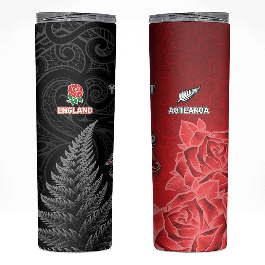 New Zealand And England Rugby Custom Skinny Tumbler Red Rose Mix Maori Pattern - Wonder Print Shop