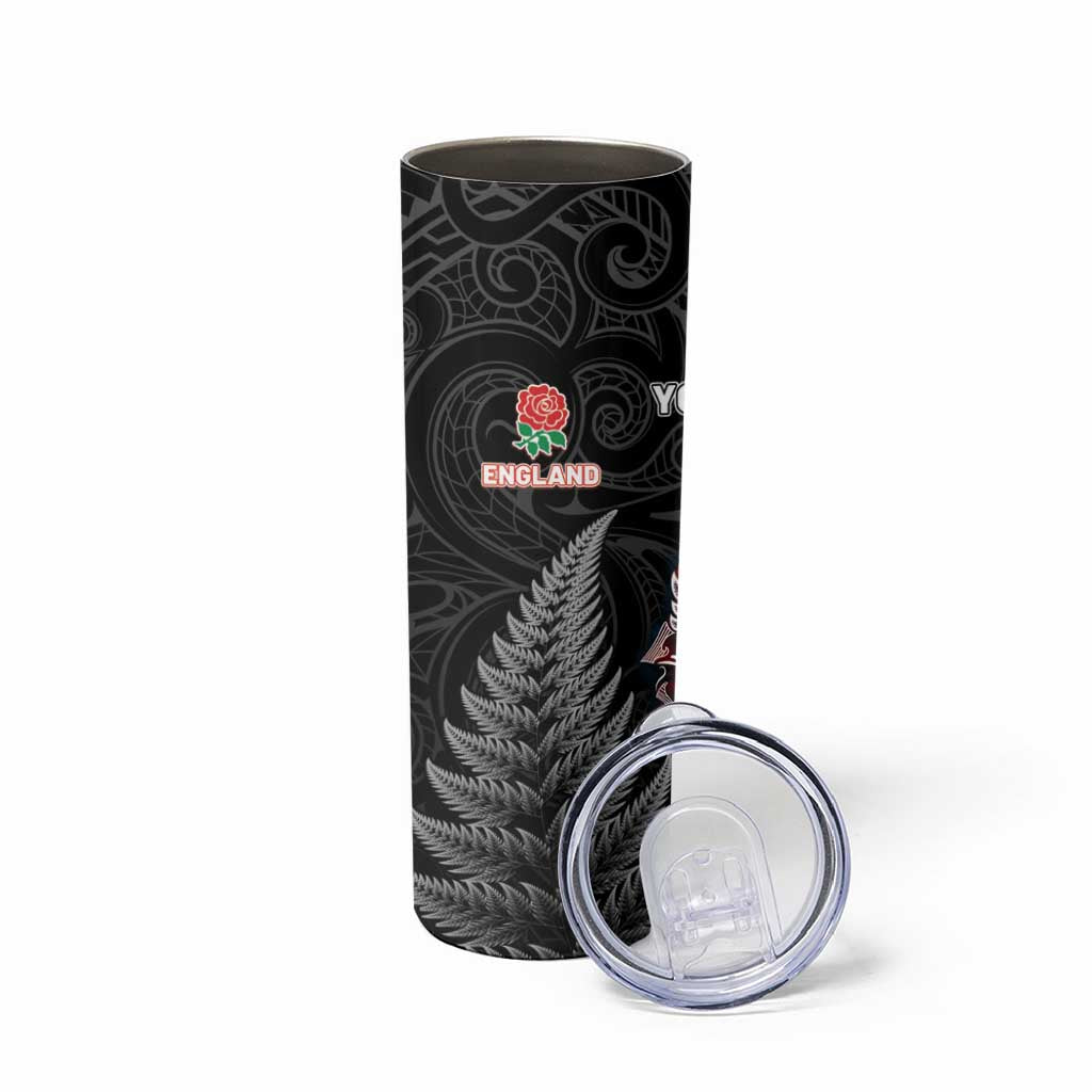 New Zealand And England Rugby Custom Skinny Tumbler Red Rose Mix Maori Pattern - Wonder Print Shop