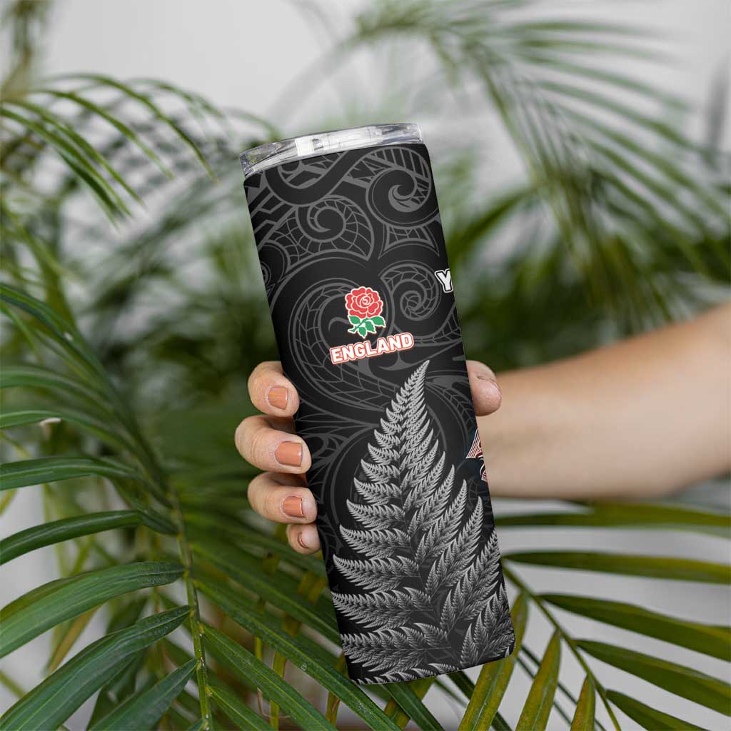 New Zealand And England Rugby Custom Skinny Tumbler Red Rose Mix Maori Pattern - Wonder Print Shop