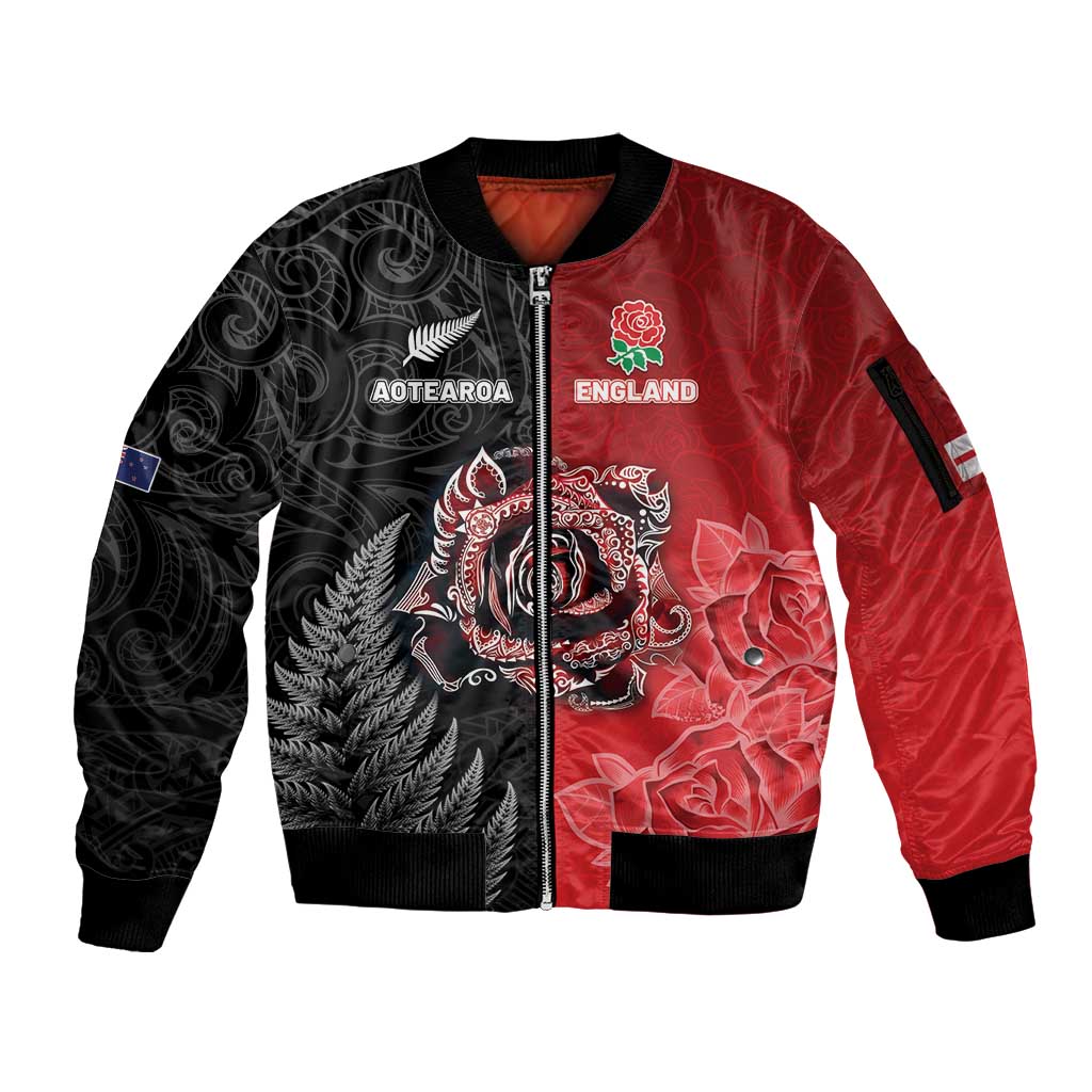 New Zealand And England Rugby Custom Sleeve Zip Bomber Jacket Red Rose Mix Maori Pattern - Wonder Print Shop
