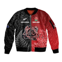 New Zealand And England Rugby Custom Sleeve Zip Bomber Jacket Red Rose Mix Maori Pattern - Wonder Print Shop