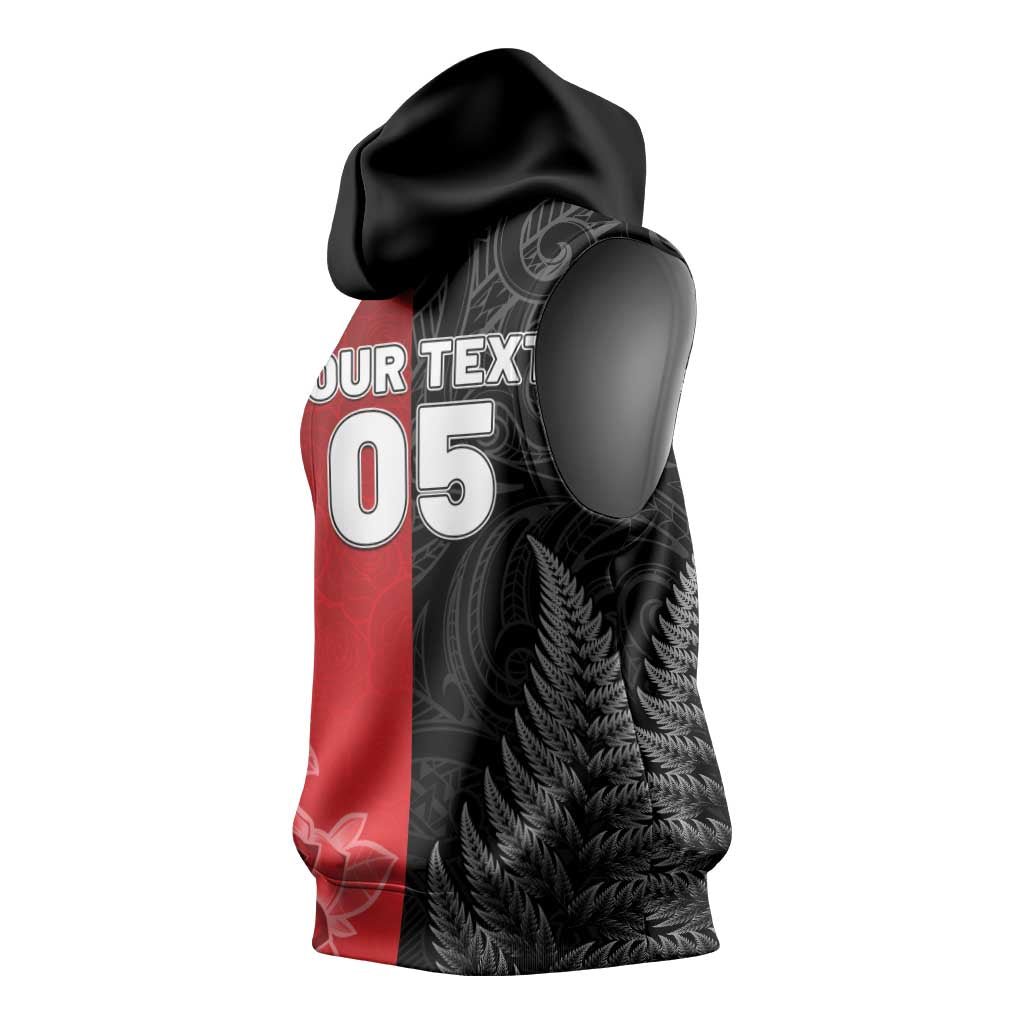 New Zealand And England Rugby Custom Sleeveless Hoodie Red Rose Mix Maori Pattern - Wonder Print Shop
