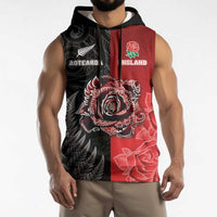 New Zealand And England Rugby Custom Sleeveless Hoodie Red Rose Mix Maori Pattern - Wonder Print Shop