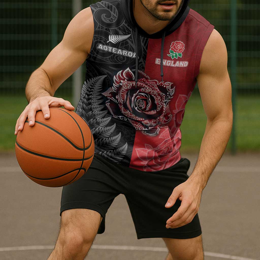 New Zealand And England Rugby Custom Sleeveless Hoodie Red Rose Mix Maori Pattern - Wonder Print Shop