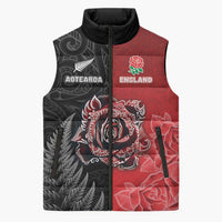 New Zealand And England Rugby Custom Sleeveless Puffer Jacket Red Rose Mix Maori Pattern - Wonder Print Shop