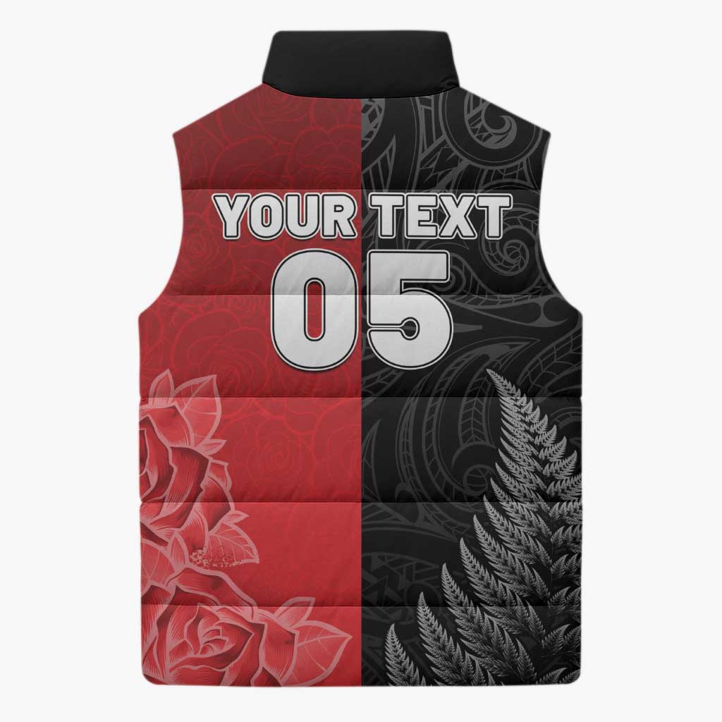 New Zealand And England Rugby Custom Sleeveless Puffer Jacket Red Rose Mix Maori Pattern - Wonder Print Shop