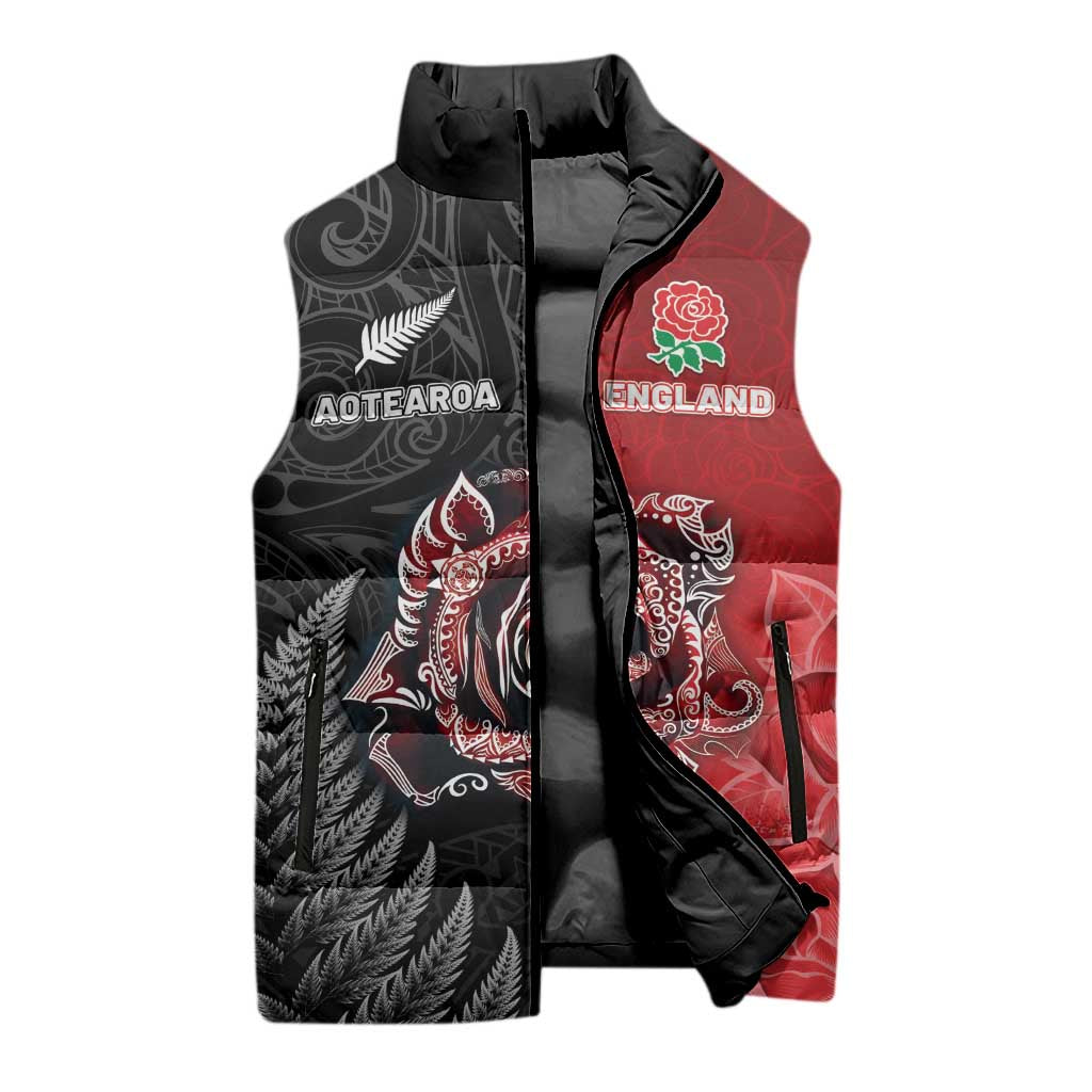 New Zealand And England Rugby Custom Sleeveless Puffer Jacket Red Rose Mix Maori Pattern - Wonder Print Shop