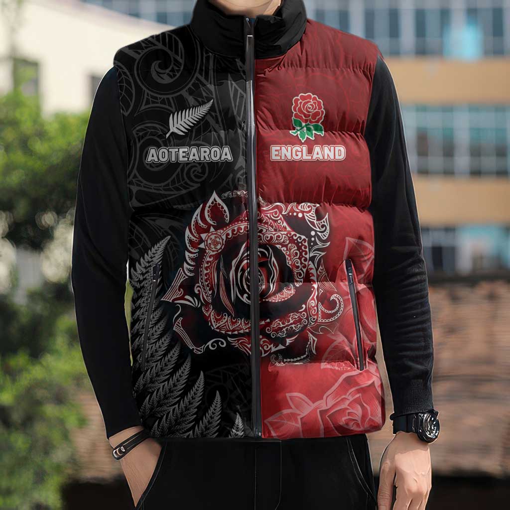 New Zealand And England Rugby Custom Sleeveless Puffer Jacket Red Rose Mix Maori Pattern - Wonder Print Shop