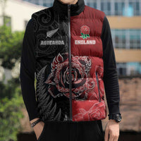 New Zealand And England Rugby Custom Sleeveless Puffer Jacket Red Rose Mix Maori Pattern - Wonder Print Shop