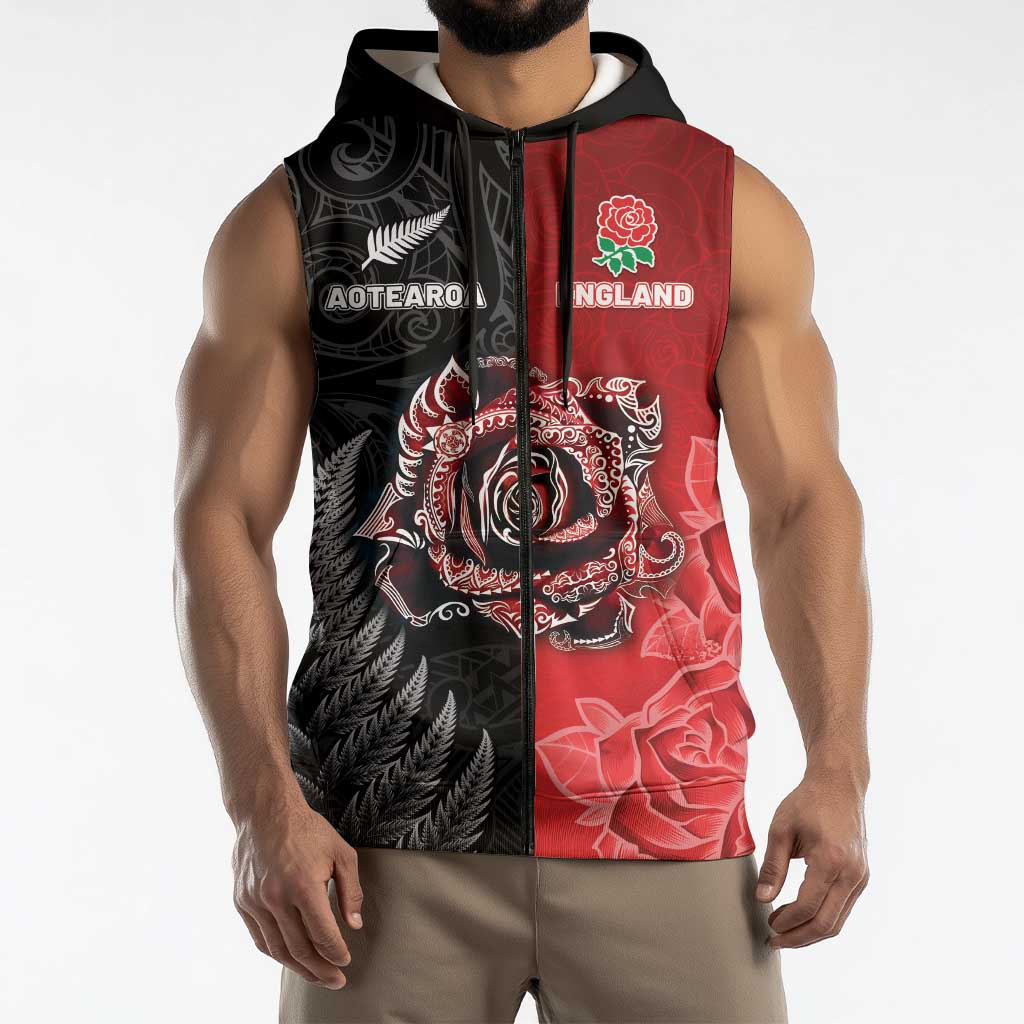 New Zealand And England Rugby Custom Sleeveless Zip Hoodie Red Rose Mix Maori Pattern - Wonder Print Shop