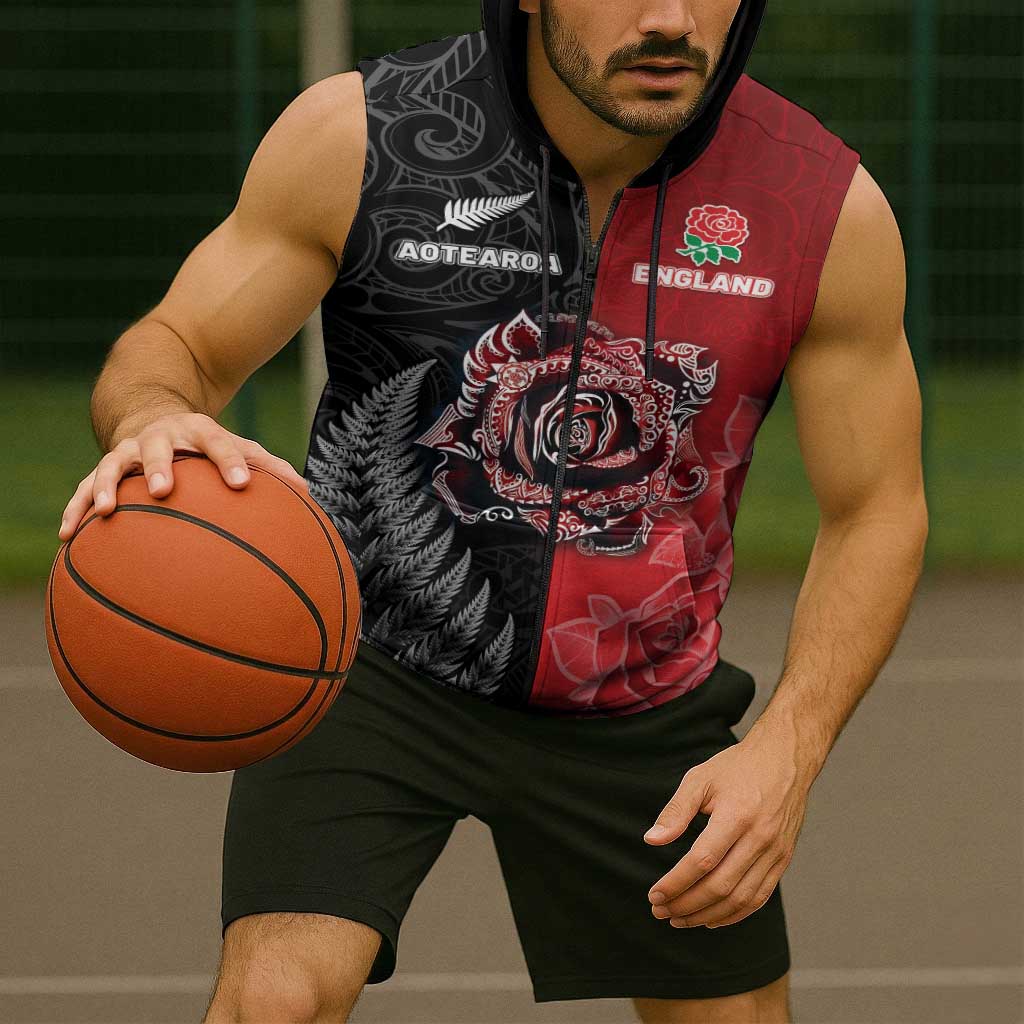 New Zealand And England Rugby Custom Sleeveless Zip Hoodie Red Rose Mix Maori Pattern - Wonder Print Shop