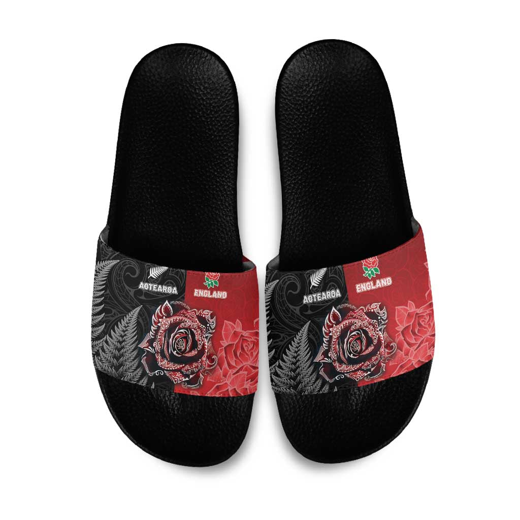 New Zealand And England Rugby Slide Sandals Red Rose Mix Maori Pattern - Wonder Print Shop