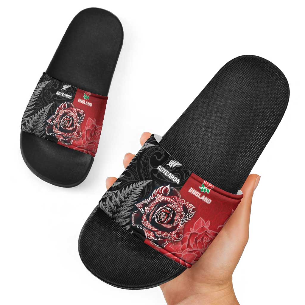 New Zealand And England Rugby Slide Sandals Red Rose Mix Maori Pattern - Wonder Print Shop