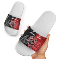 New Zealand And England Rugby Slide Sandals Red Rose Mix Maori Pattern - Wonder Print Shop
