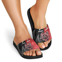 New Zealand And England Rugby Slide Sandals Red Rose Mix Maori Pattern - Wonder Print Shop
