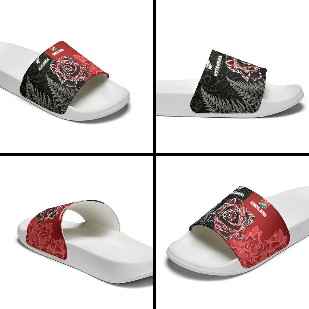 New Zealand And England Rugby Slide Sandals Red Rose Mix Maori Pattern - Wonder Print Shop