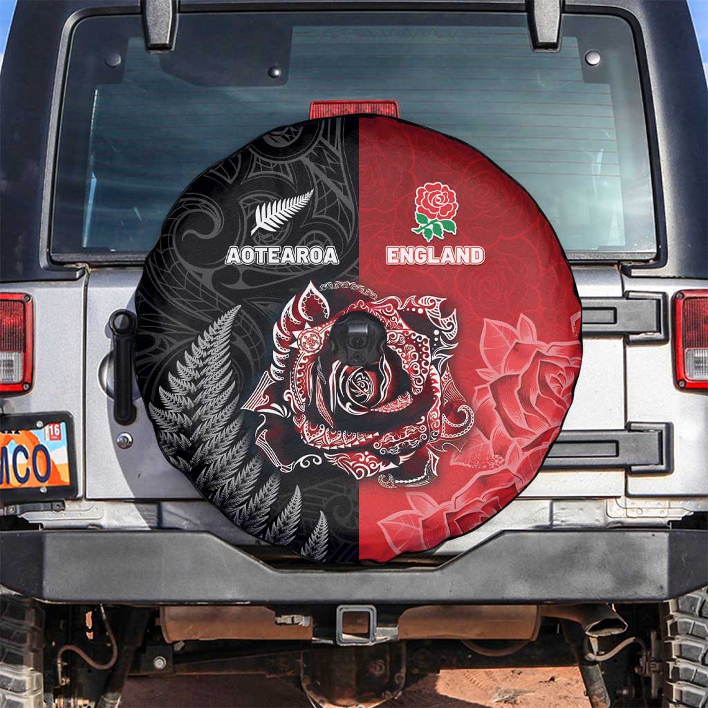 New Zealand And England Rugby Spare Tire Cover Red Rose Mix Maori Pattern - Wonder Print Shop