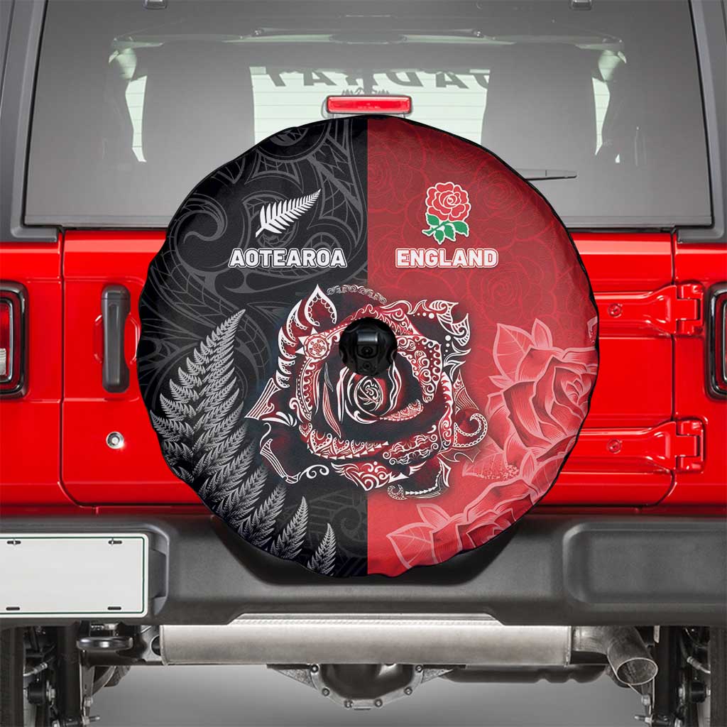 New Zealand And England Rugby Spare Tire Cover Red Rose Mix Maori Pattern - Wonder Print Shop