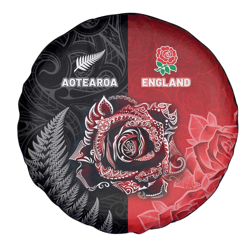 New Zealand And England Rugby Spare Tire Cover Red Rose Mix Maori Pattern - Wonder Print Shop