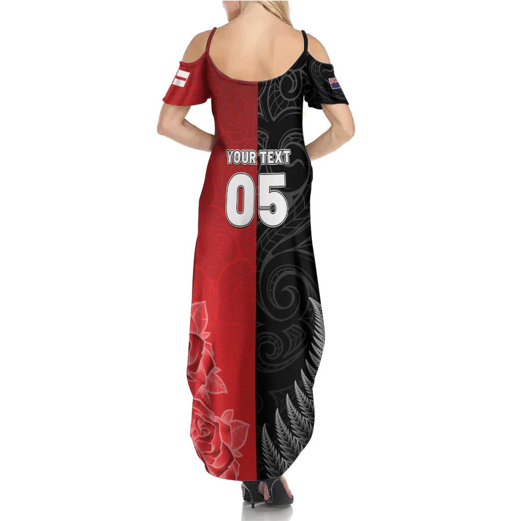 New Zealand And England Rugby Custom Summer Maxi Dress Red Rose Mix Maori Pattern - Wonder Print Shop