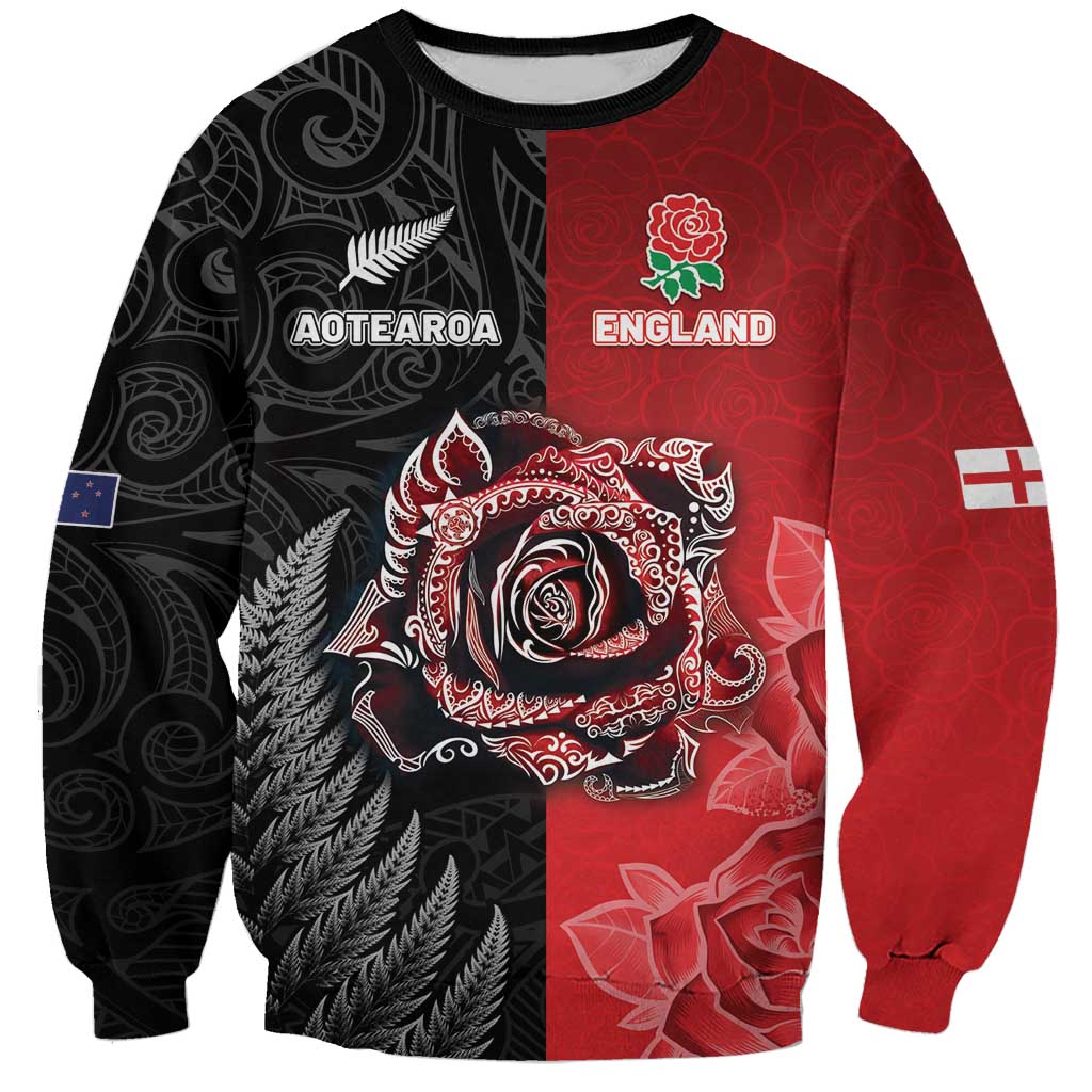 New Zealand And England Rugby Custom Sweatshirt Red Rose Mix Maori Pattern - Wonder Print Shop