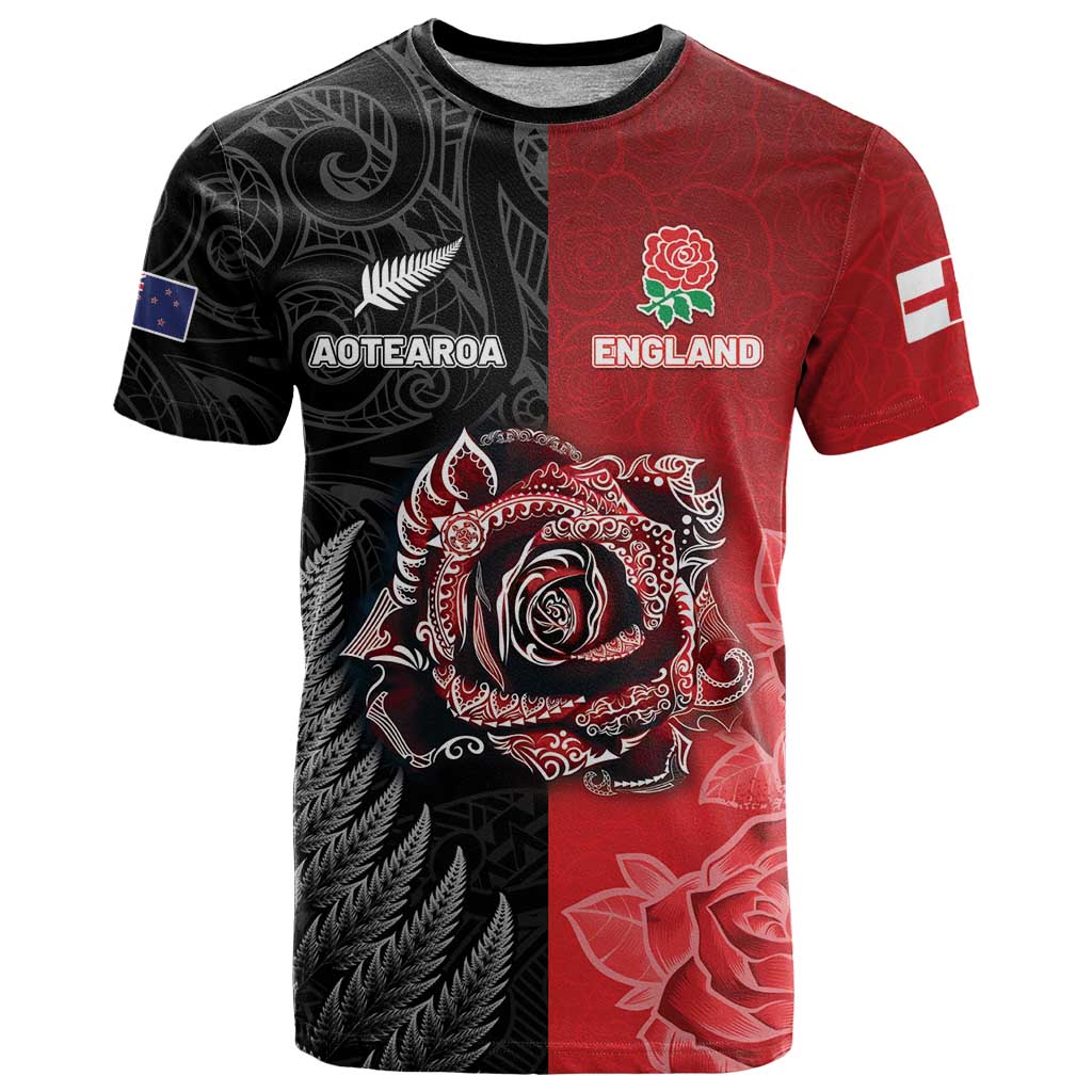 New Zealand And England Rugby Custom T Shirt Red Rose Mix Maori Pattern - Wonder Print Shop