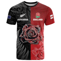 New Zealand And England Rugby Custom T Shirt Red Rose Mix Maori Pattern - Wonder Print Shop