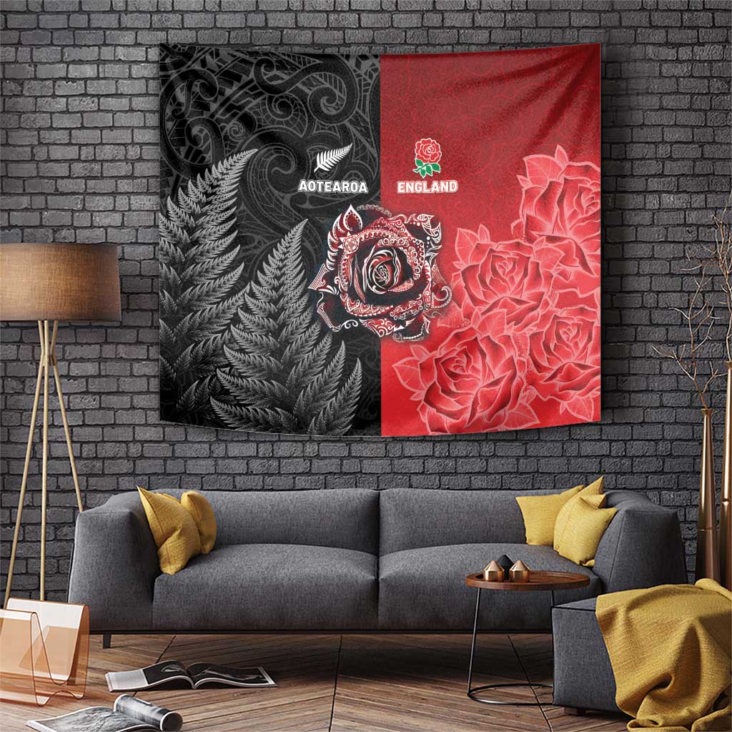 New Zealand And England Rugby Tapestry Red Rose Mix Maori Pattern - Wonder Print Shop