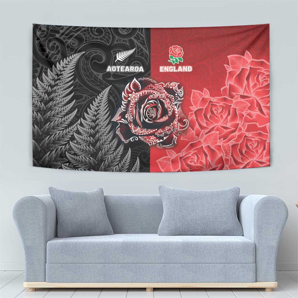 New Zealand And England Rugby Tapestry Red Rose Mix Maori Pattern - Wonder Print Shop
