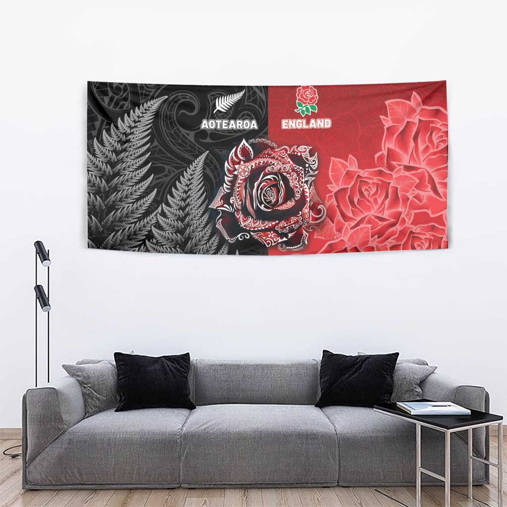 New Zealand And England Rugby Tapestry Red Rose Mix Maori Pattern - Wonder Print Shop