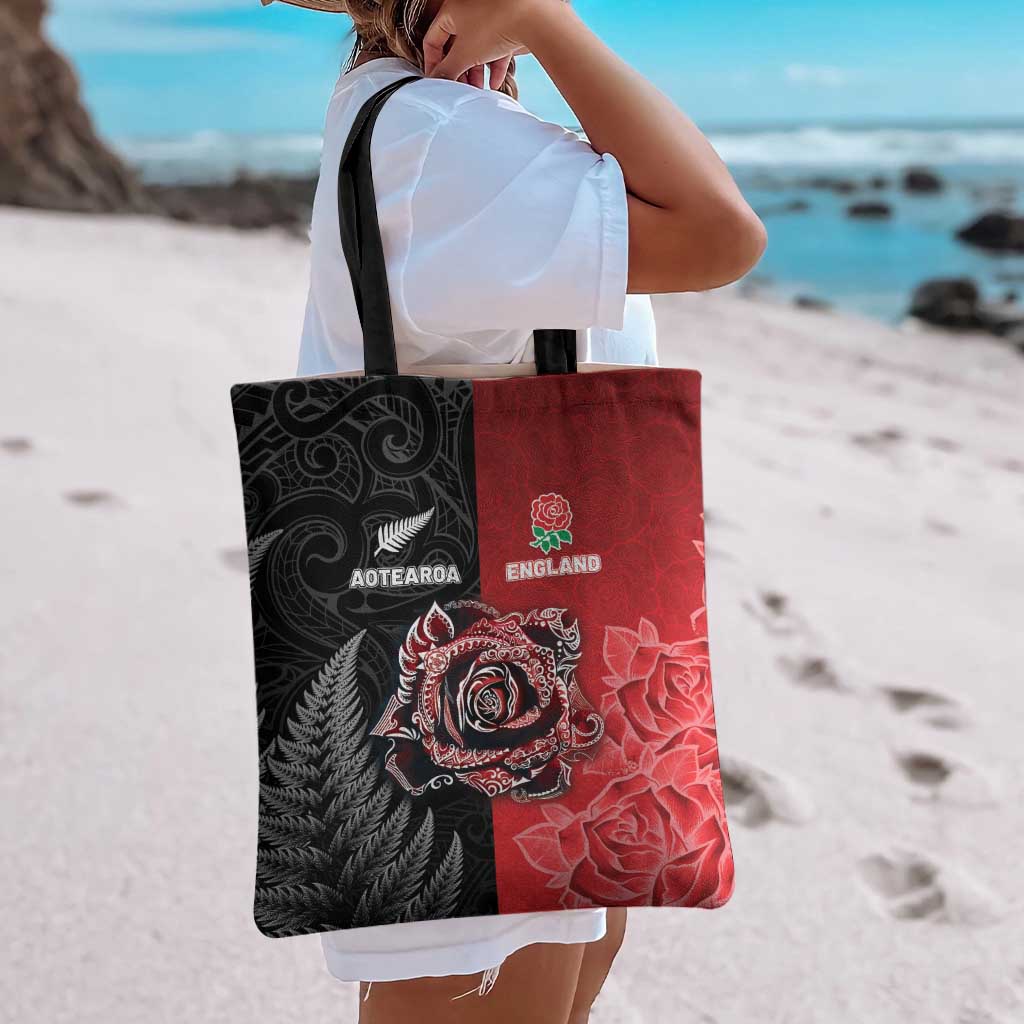 New Zealand And England Rugby Tote Bag Red Rose Mix Maori Pattern - Wonder Print Shop