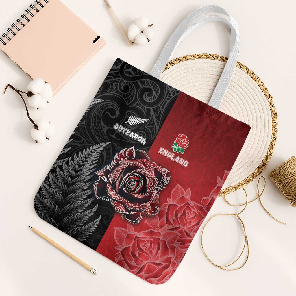 New Zealand And England Rugby Tote Bag Red Rose Mix Maori Pattern - Wonder Print Shop